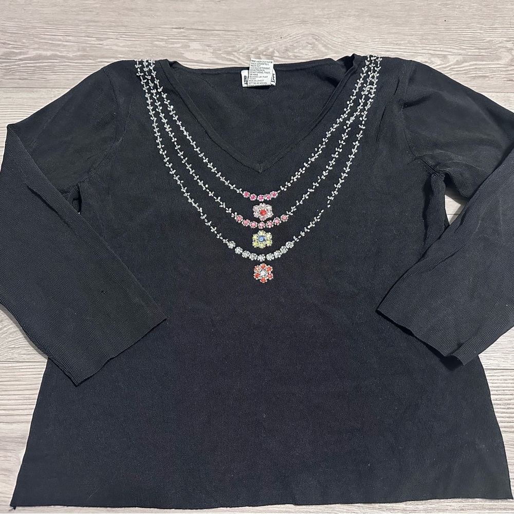 Vintage Robbie Bee Black Embroidered Beaded Floral V-Neck Sweater Long Sleeve M
